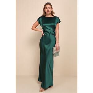 NWT Lulus Captivating Presence Forest Green Satin Cowl Back Maxi Dress Formal 2X